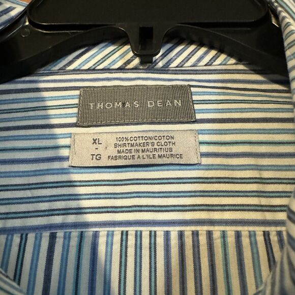 Thomas Dean XXL Blue Striped Flip Cuff Long Sleeve Cotton Button Up Preppy Shirt - Picture 3 of 7